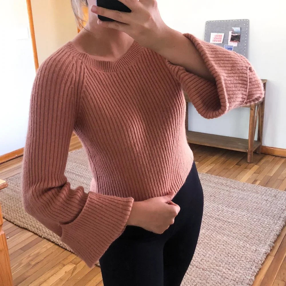 Tularosa Tan Wide Sleeve Scoop Neck Ribbed Preppy Trendy Sweater Small
